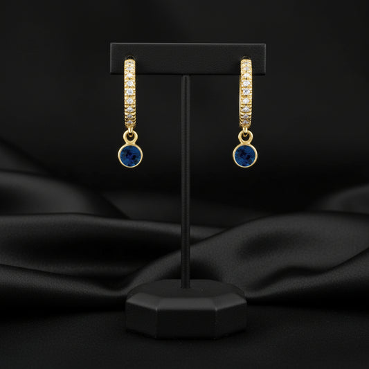 14K Yellow  Blue Sapphire &  Diamond French-Set  Hoop Earrings