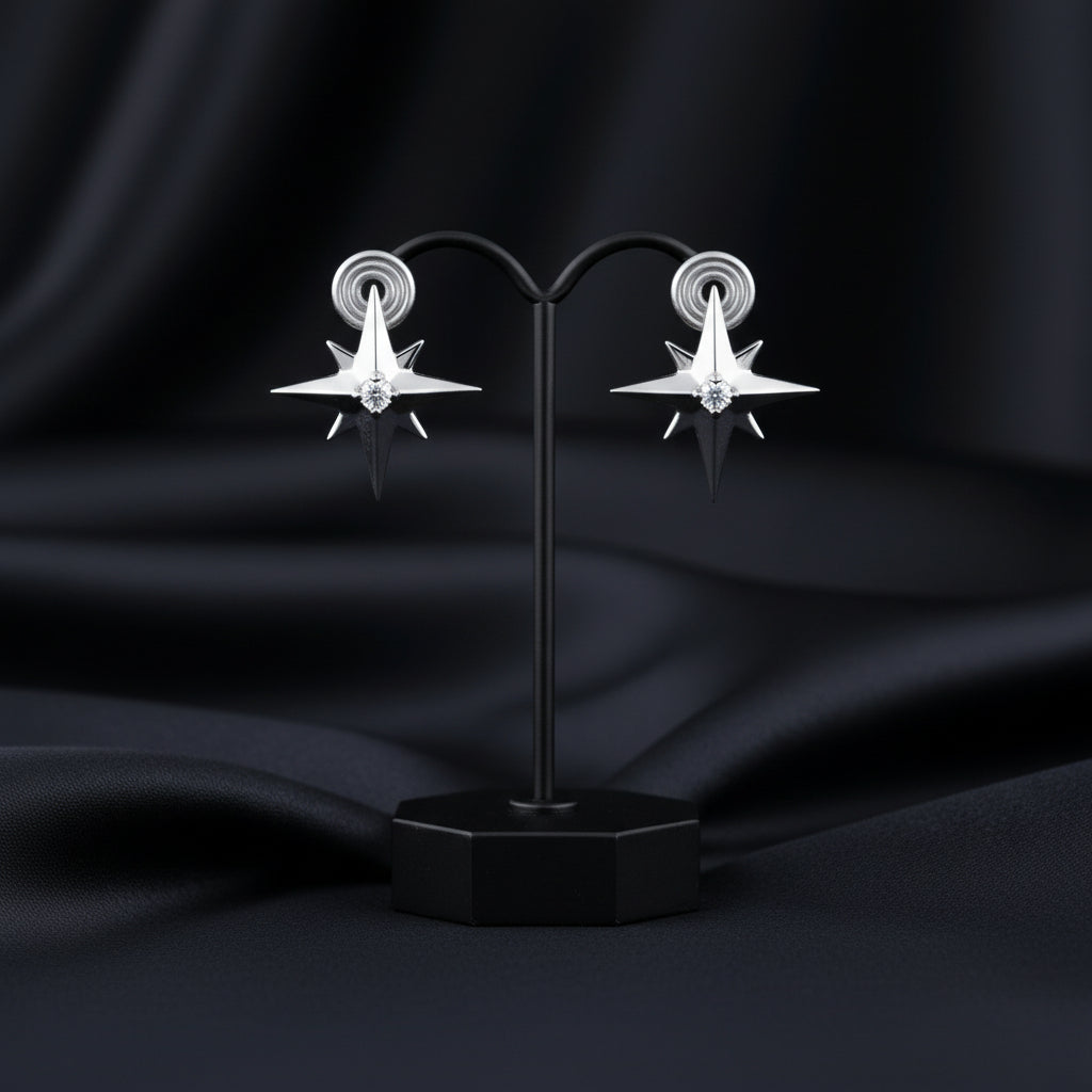 14K White Natural Diamond Star Earrings