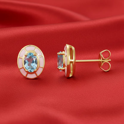 14K Yellow  Sky Blue Topaz & White Enamel Stud Earrings