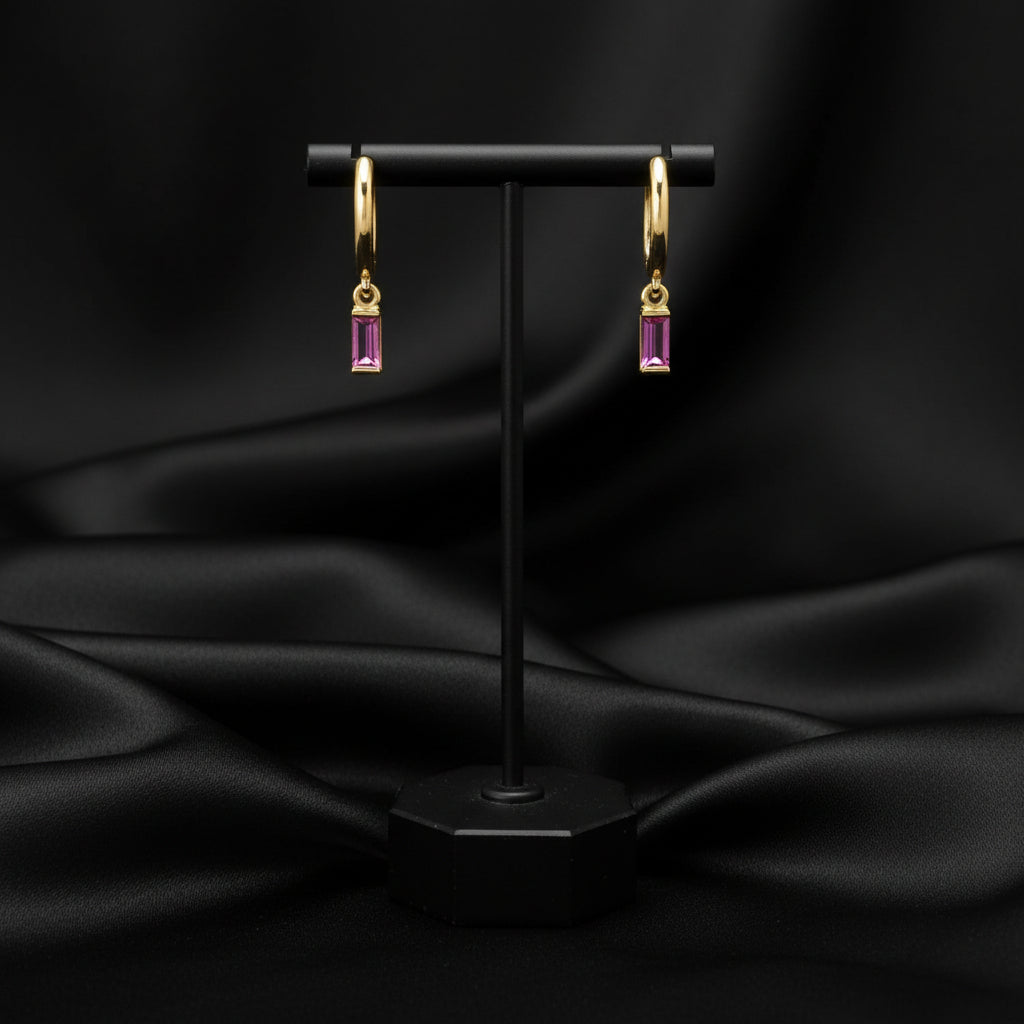 14K Yellow  Pink Tourmaline  Hoop Earrings