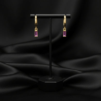 14K Yellow  Pink Tourmaline  Hoop Earrings