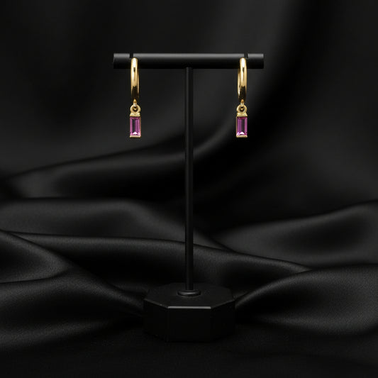 14K Yellow  Pink Tourmaline  Hoop Earrings