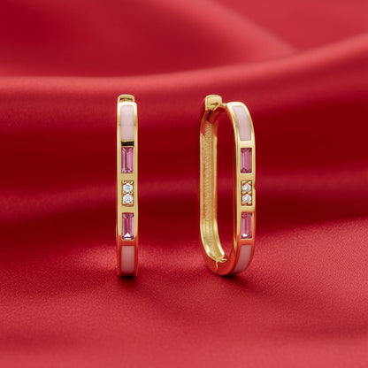 14K Yellow  Pink Tourmaline & Diamond Hoop Earrings