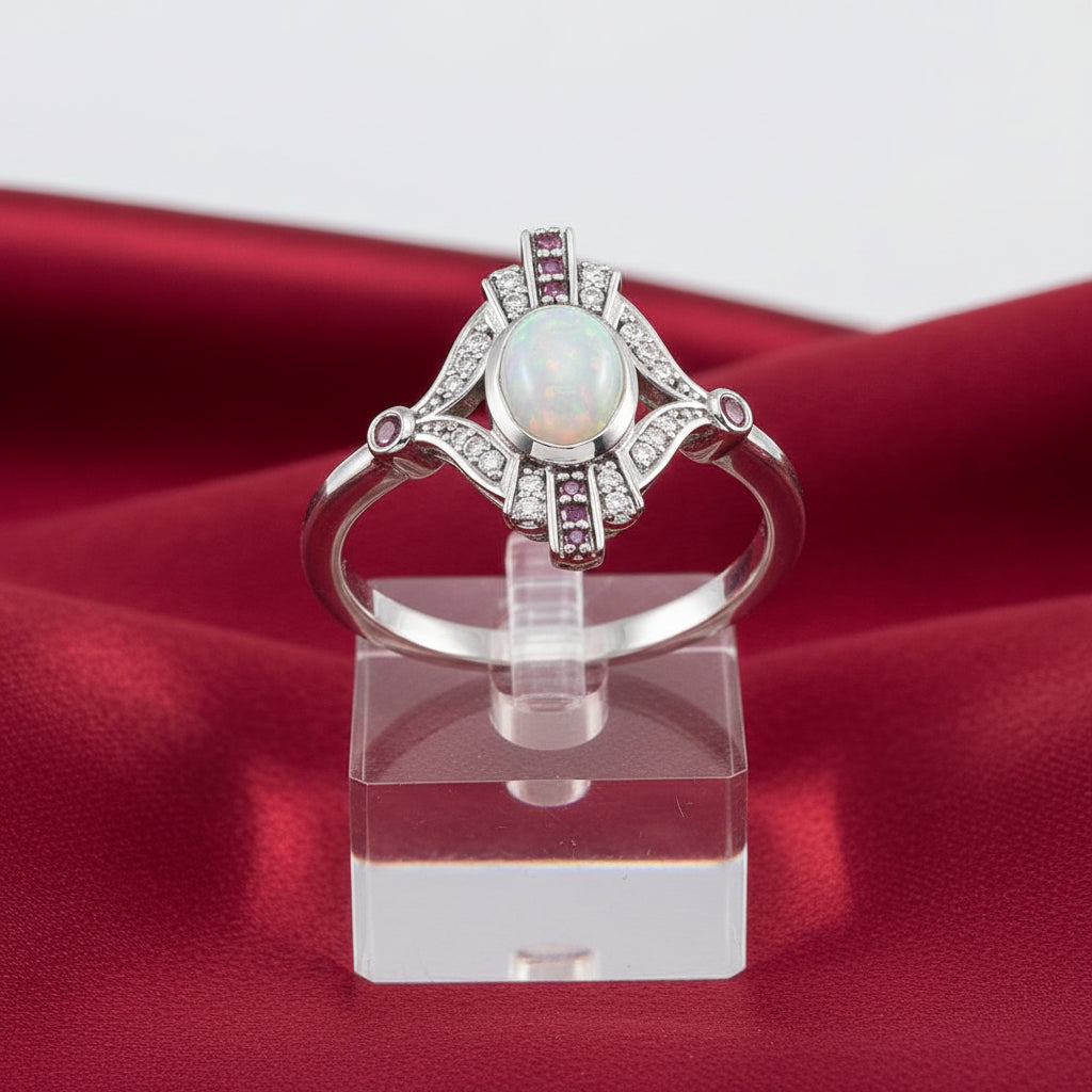 Silver ring with an opal center stone and ruby and diamond accents on a white background