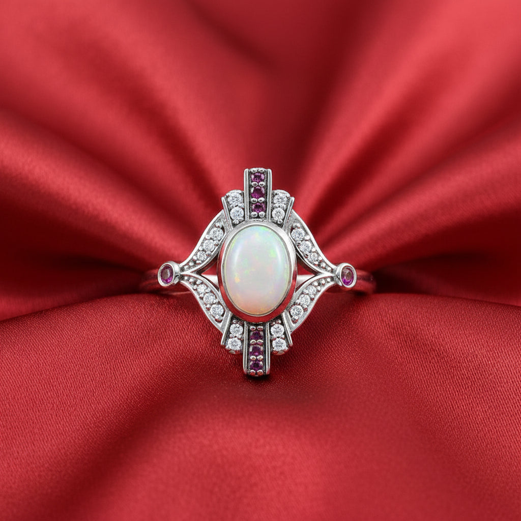 14K White  Ethiopian Opal , Pink  Sapphire  & Diamond Cabochon Ring