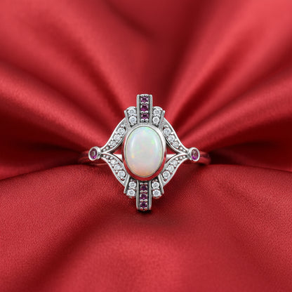 14K White  Ethiopian Opal , Pink  Sapphire  & Diamond Cabochon Ring