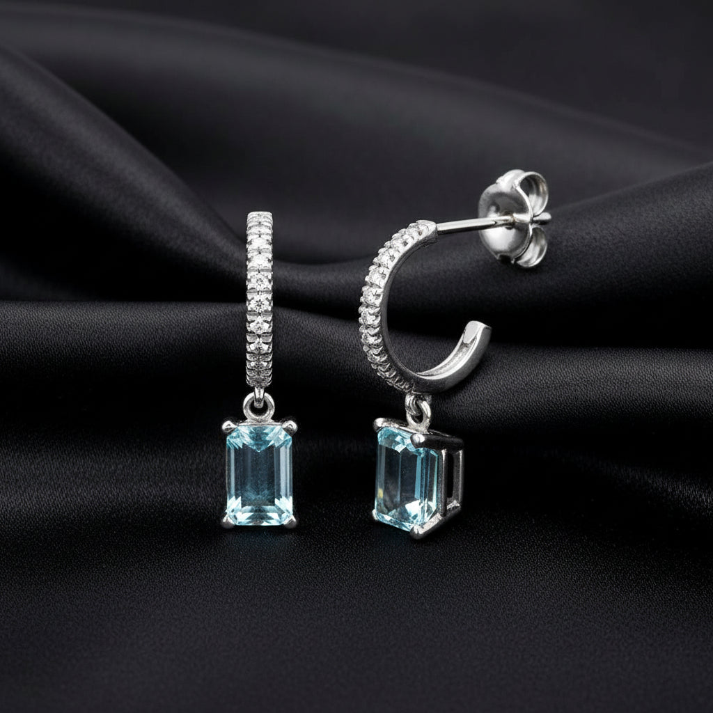 14K White Sky Blue Topaz &   Diamond French-Set Hoop Earrings