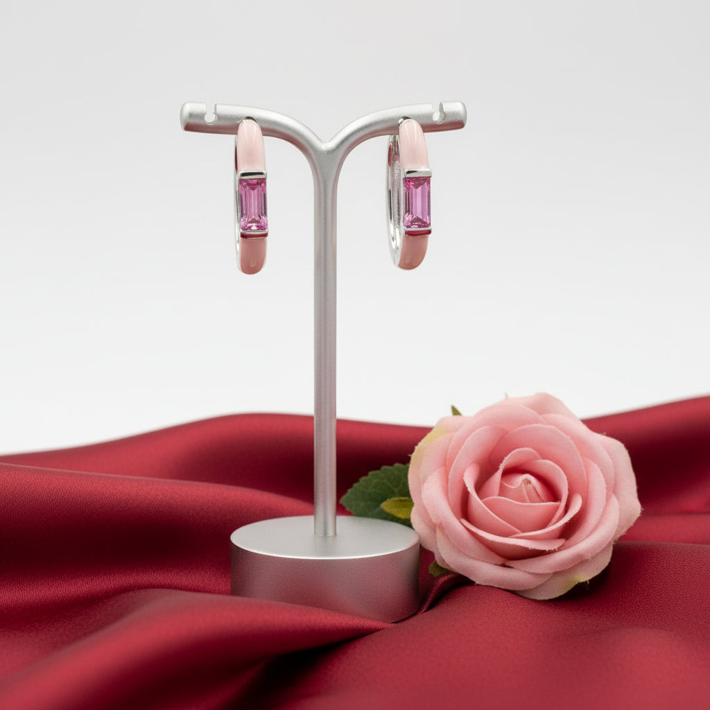 14K White Pink Tourmaline & Pink Enamel Hinged Hoop Earrings