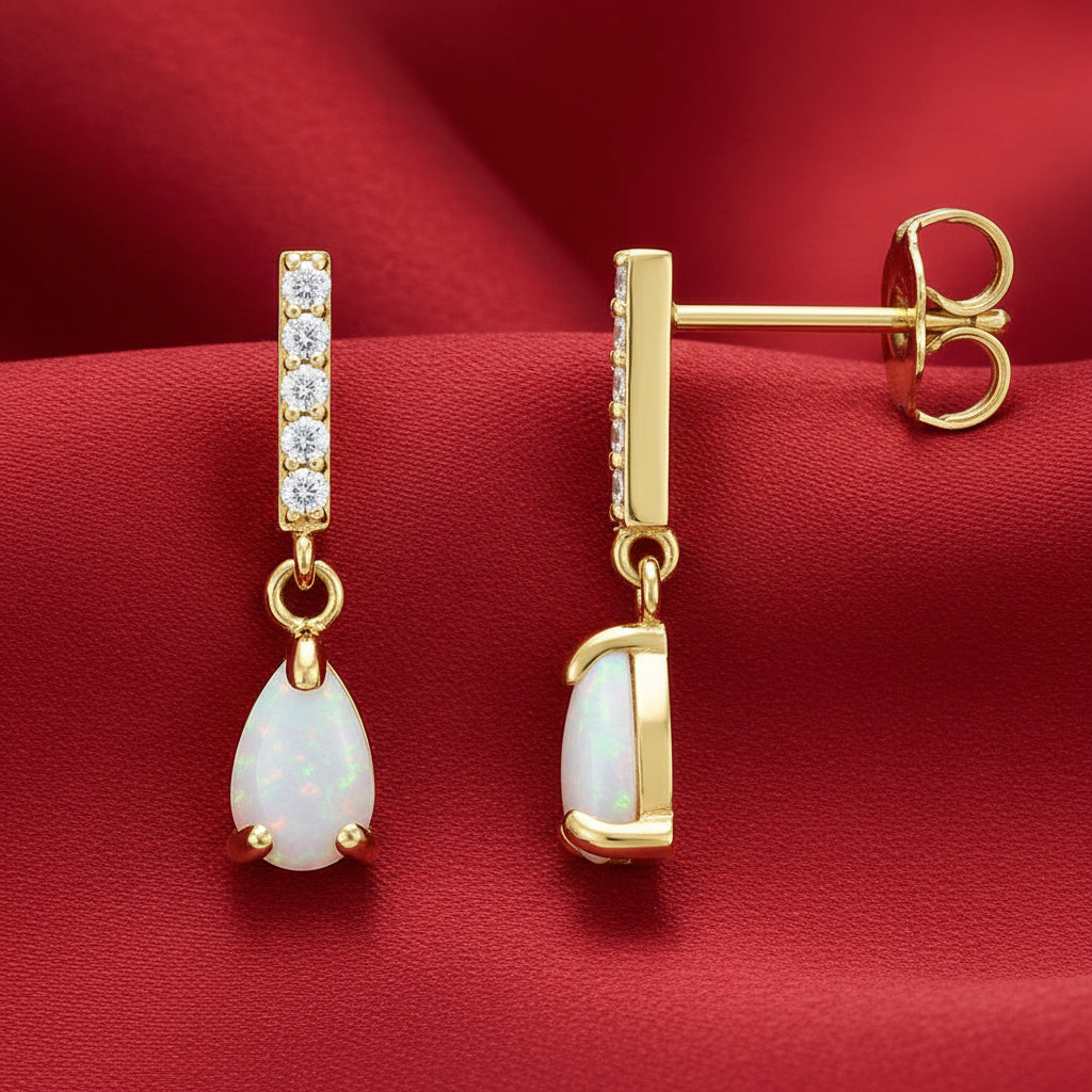 14K Yellow Natural White Opal & Natural Diamond Earrings