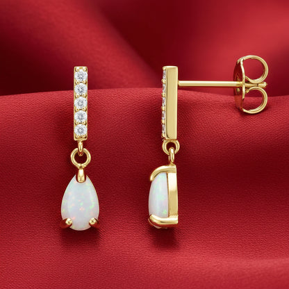 14K Yellow Natural White Opal & Natural Diamond Earrings