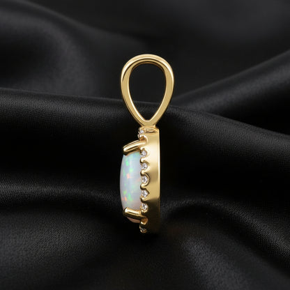 14K Yellow  White Opal &  Diamond Halo-Style Pendant