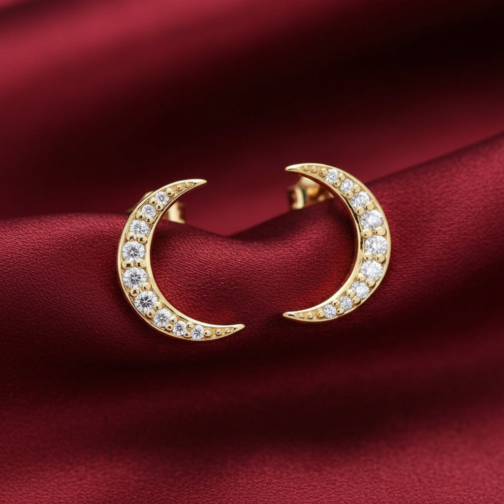 14K Yellow  Natural Diamond Crescent Moon Earrings