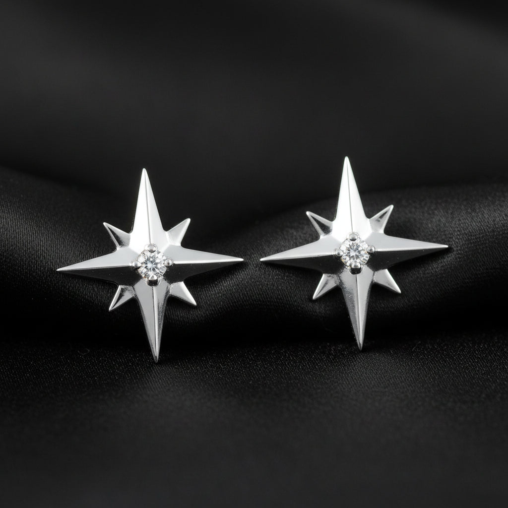 14K White Natural Diamond Star Earrings