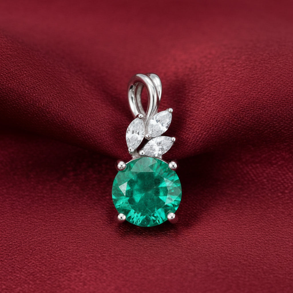14K White  Emerald &  Diamond Pendant