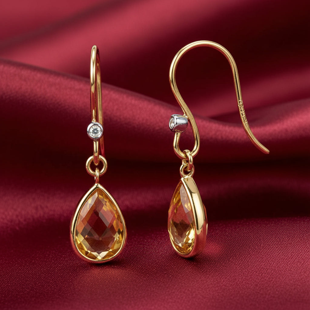 14K Yellow Natural Citrine & Natural Diamond Earrings