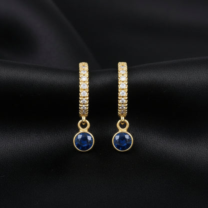 14K Yellow  Blue Sapphire &  Diamond French-Set  Hoop Earrings