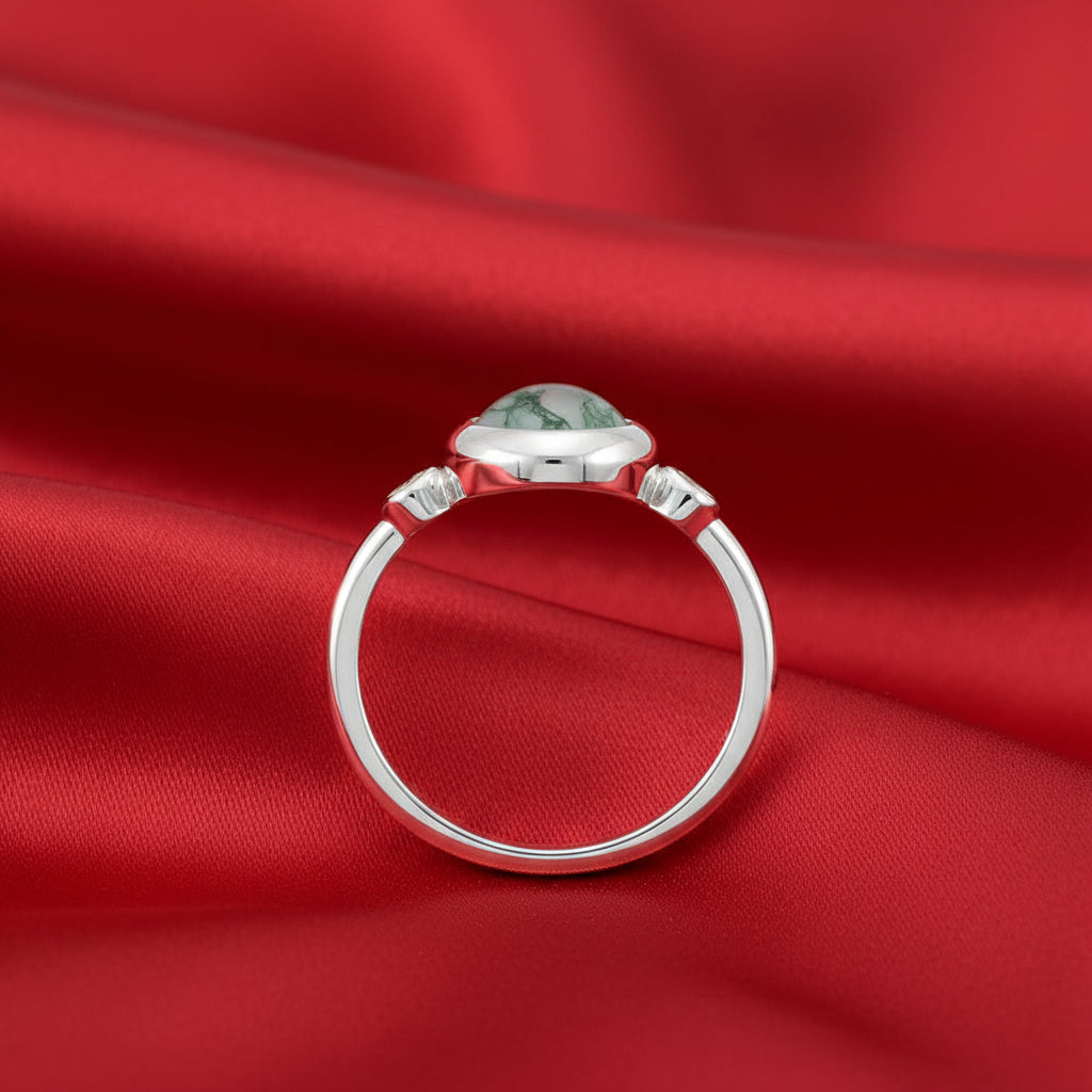 14K White Natural Moss Agate & Natural Diamond Cabochon Ring
