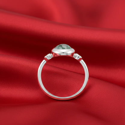 14K White Natural Moss Agate & Natural Diamond Cabochon Ring