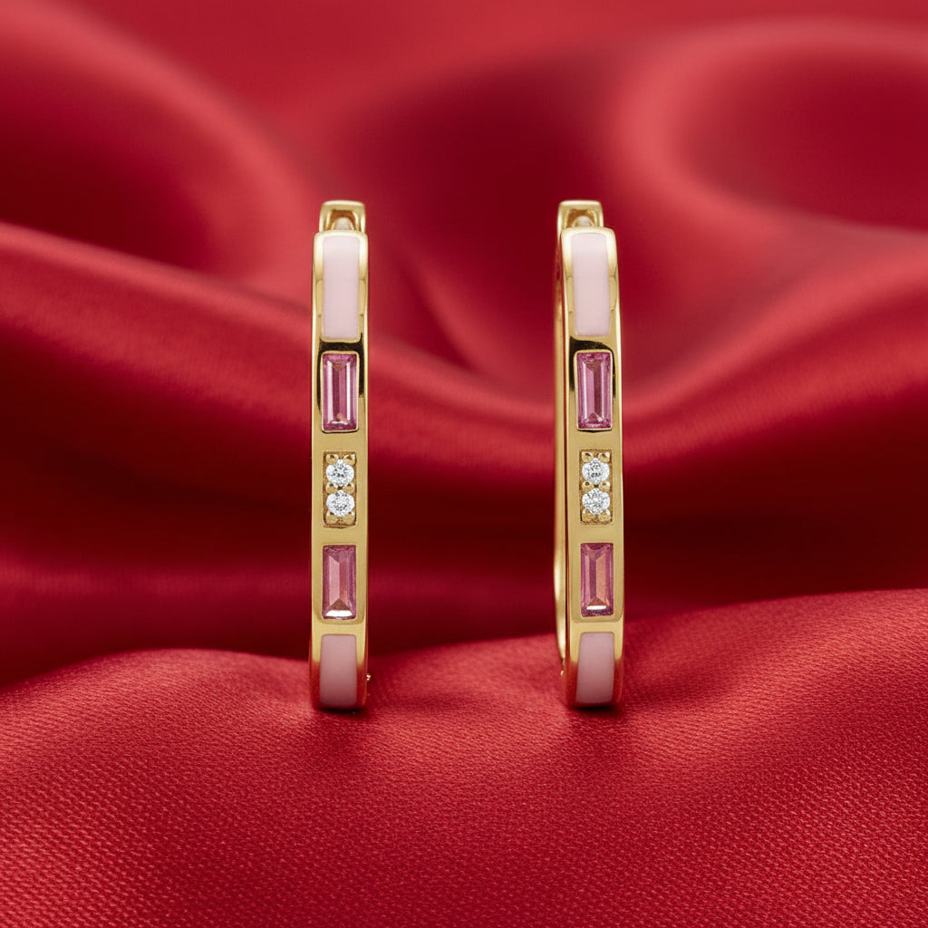 14K Yellow  Pink Tourmaline & Diamond Hoop Earrings