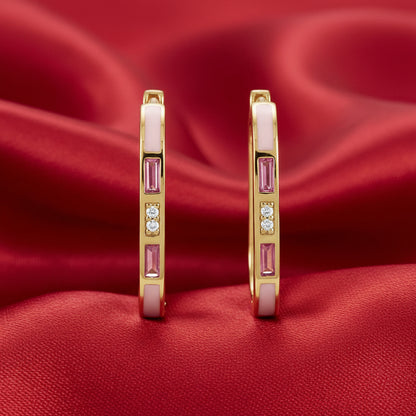 14K Yellow  Pink Tourmaline & Diamond Hoop Earrings