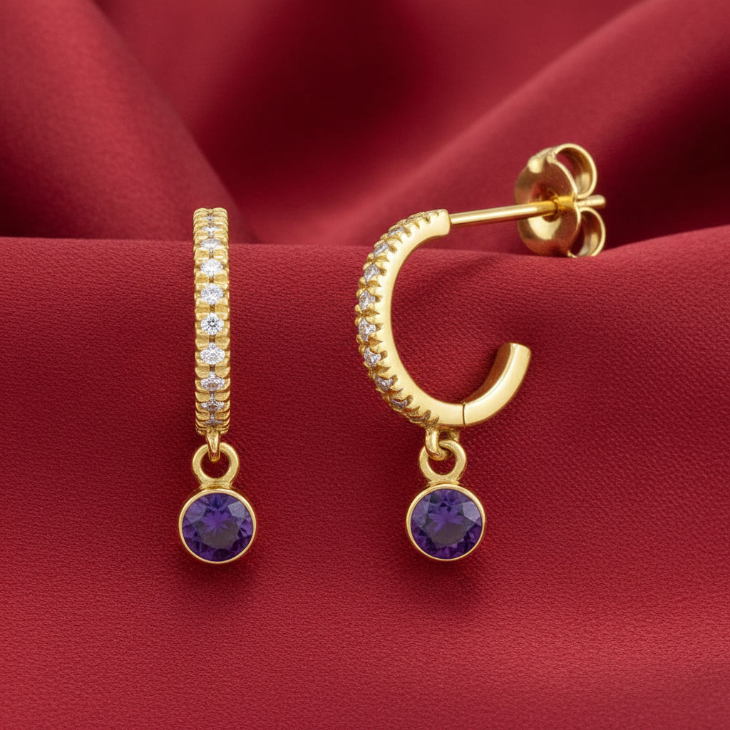 14K Yellow  Amethyst & Diamond French-Set  Hoop Earrings
