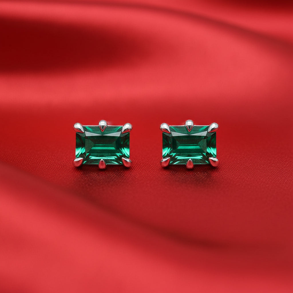 14K White  Emerald Stud Earrings