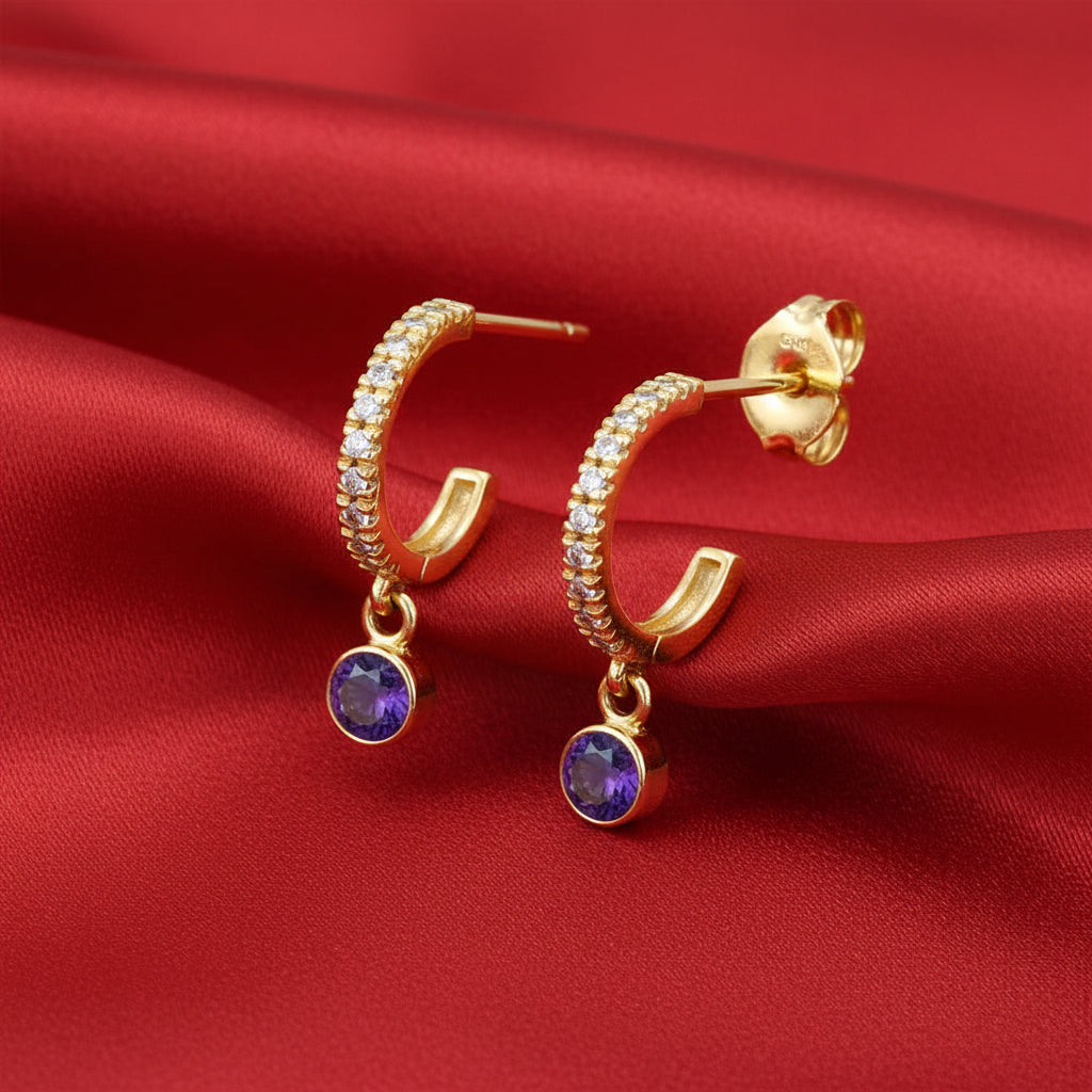 14K Yellow  Amethyst & Diamond French-Set  Hoop Earrings
