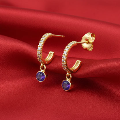 14K Yellow  Amethyst & Diamond French-Set  Hoop Earrings