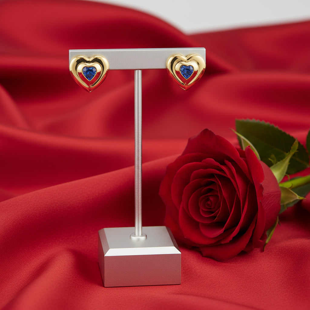14K Yellow Heart  Blue Sapphire Stud Earrings