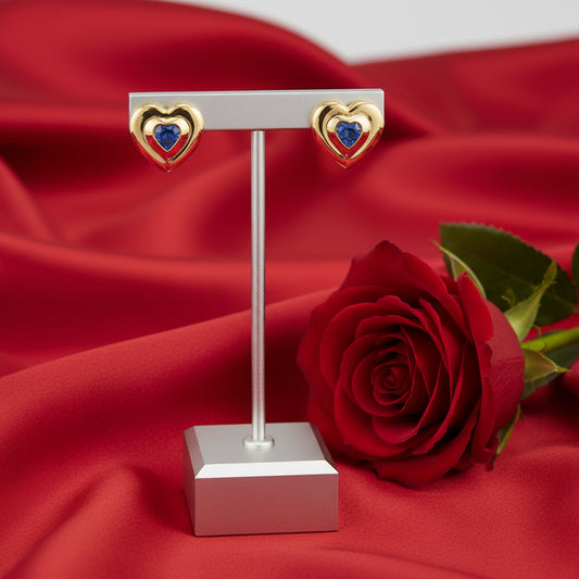14K Yellow Heart  Blue Sapphire Stud Earrings