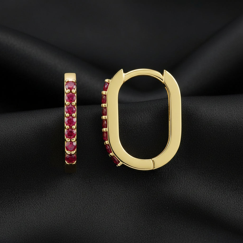 14K Yellow  Ruby Hoop Earrings