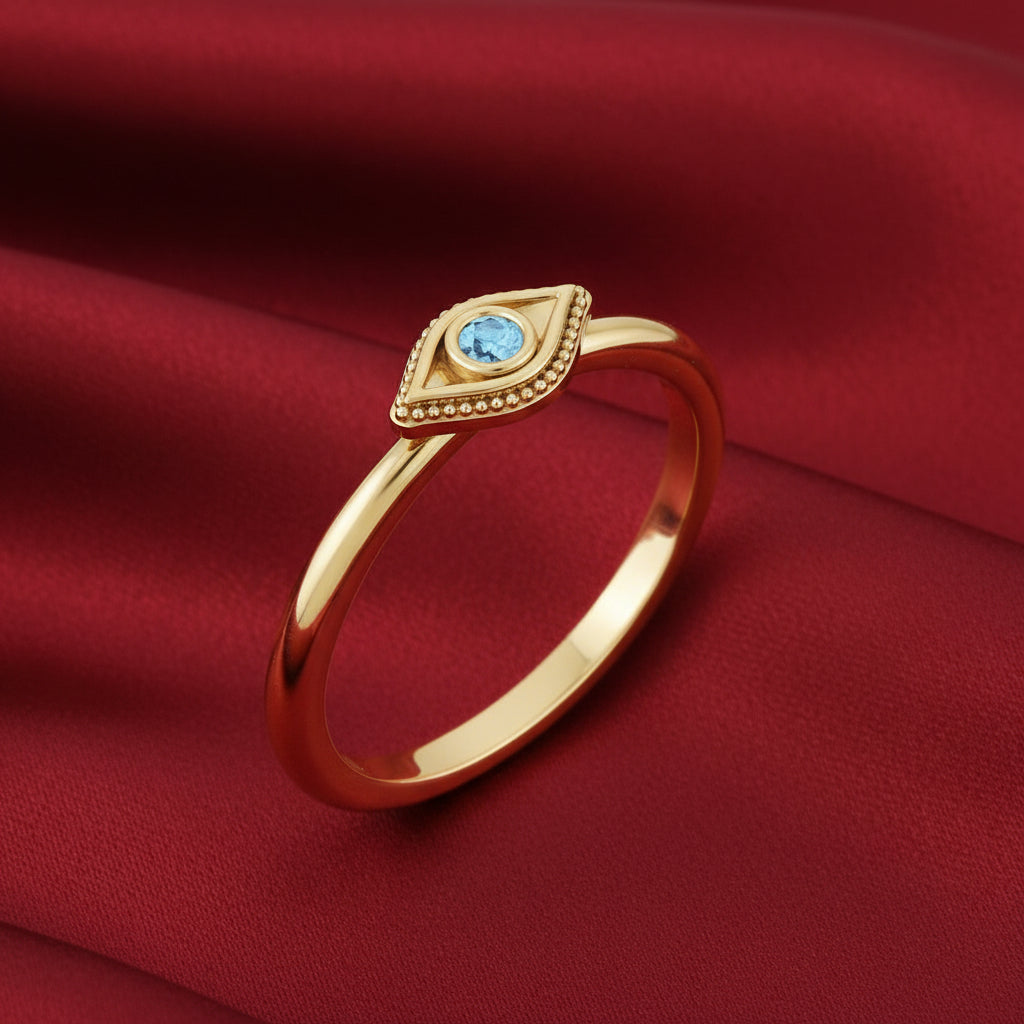 14K Yellow Natural Aquamarine Stackable Evil Eye Ring