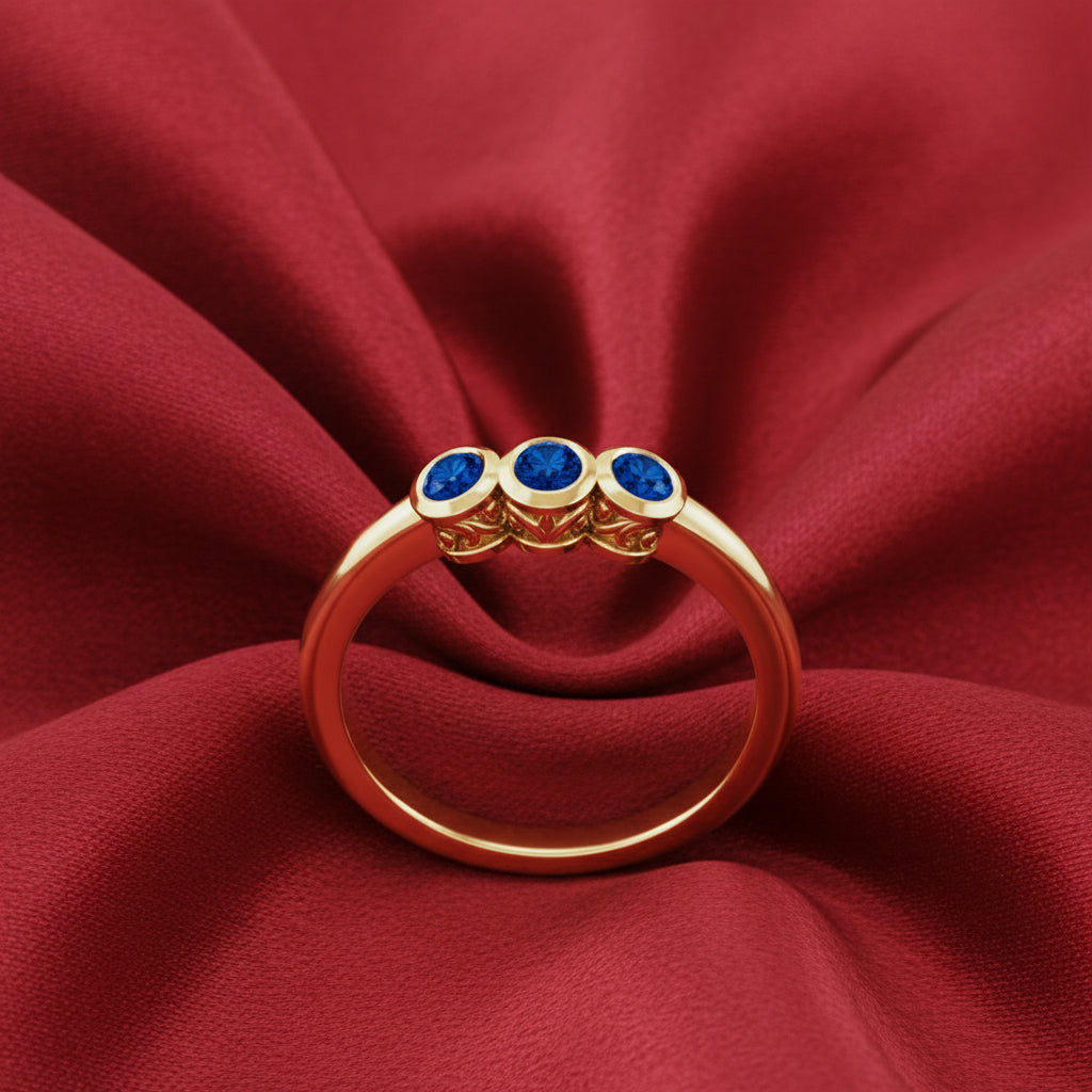 14K Yellow Blue Sapphire Three-Stone Ring