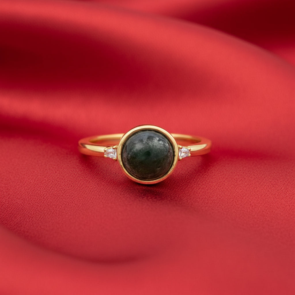 14K Yellow Natural Moss Agate & Diamond Ring