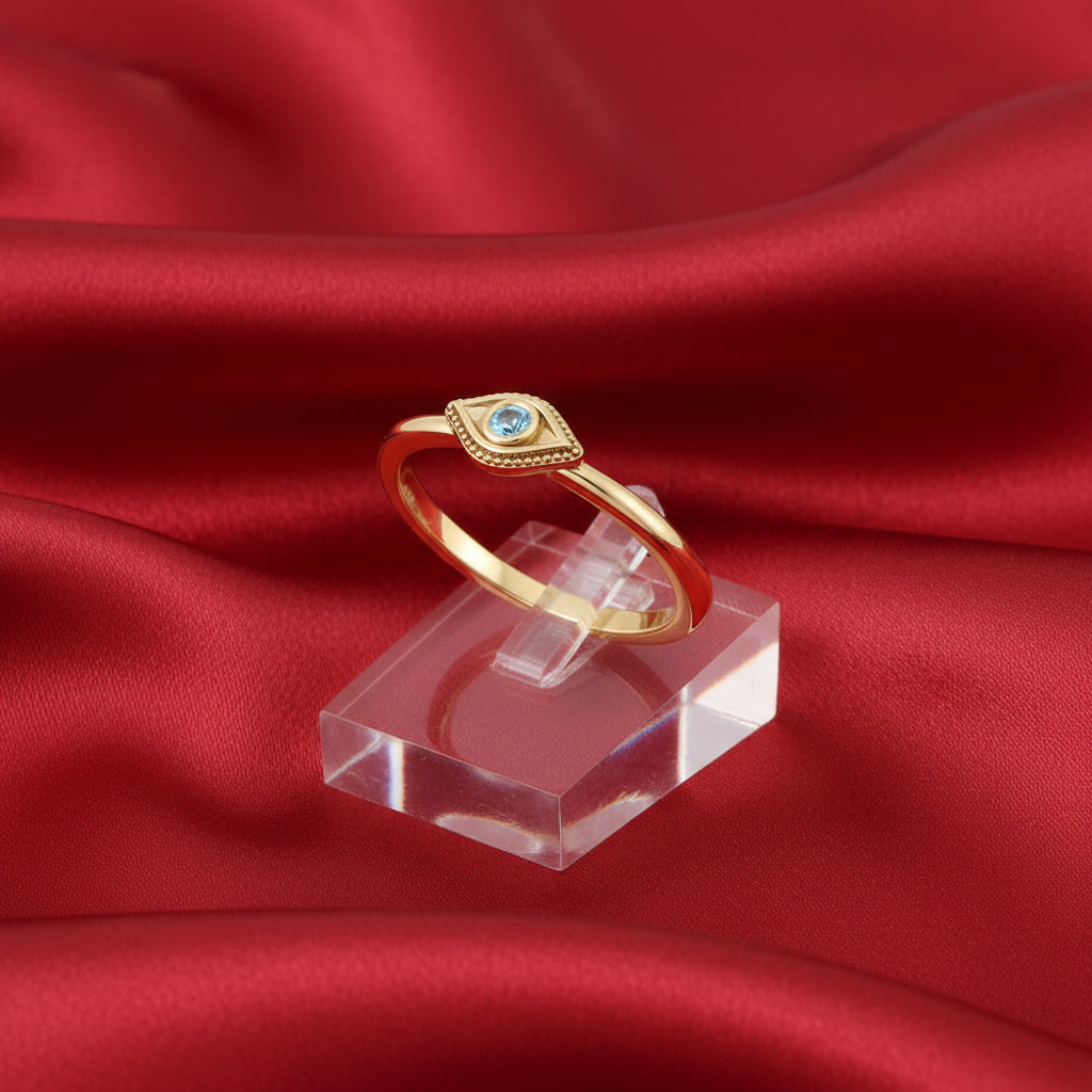 14K Yellow Natural Aquamarine Stackable Evil Eye Ring