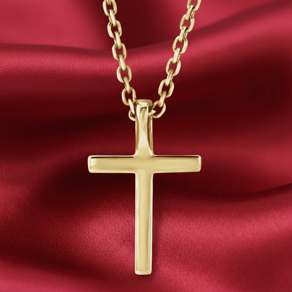 14K Yellow Natural Blue Sapphire Petite Cross 16" Necklace