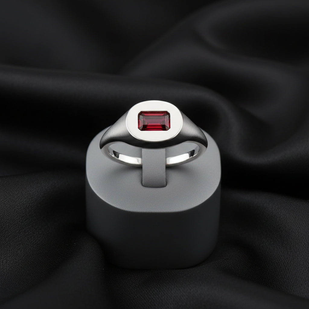 14K White  Mozambique Garnet Signet Ring