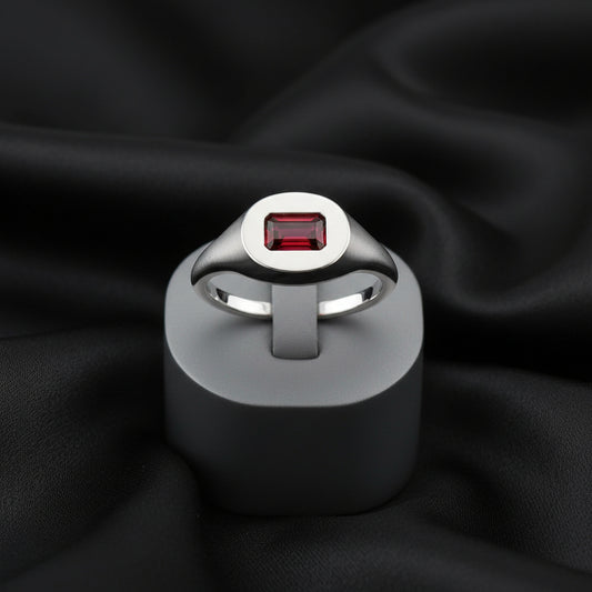 14K White  Mozambique Garnet Signet Ring