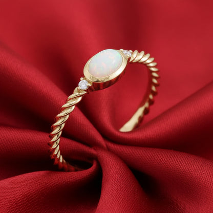 14K Yellow  White Opal & Diamond Cabochon Ring