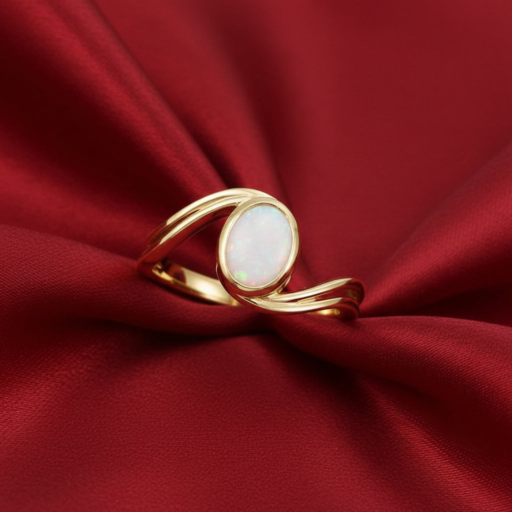 14K Yellow  White Opal Cabochon Ring