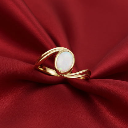 14K Yellow  White Opal Cabochon Ring