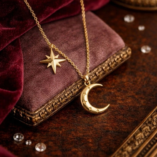 14K Yellow Gold Crescent Moon & Star 18" Necklace